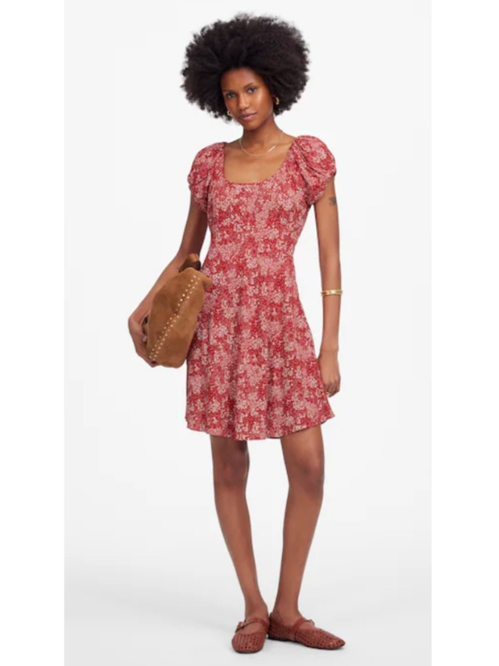 Madewell Ditsy Floral Ruched Scoopneck A-Line Woven Pleated Mini Dress Red 4